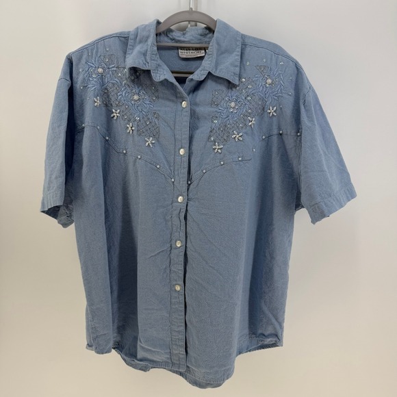 Allyson Whitmore Tops - Allyson Whitmore Button Up Womens 1X Blue‎ Embroidered Beaded Western Boho Shirt